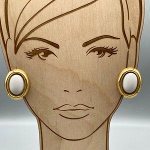 Vintage Monet Oval Cabochon Earrings, White in Gold Tone Frame, Clip On